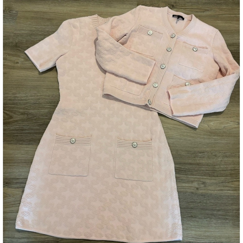 Maje Tweed Effect Dress Set Jacket Blazer Size 1/38 Designer Pink Jacquard
